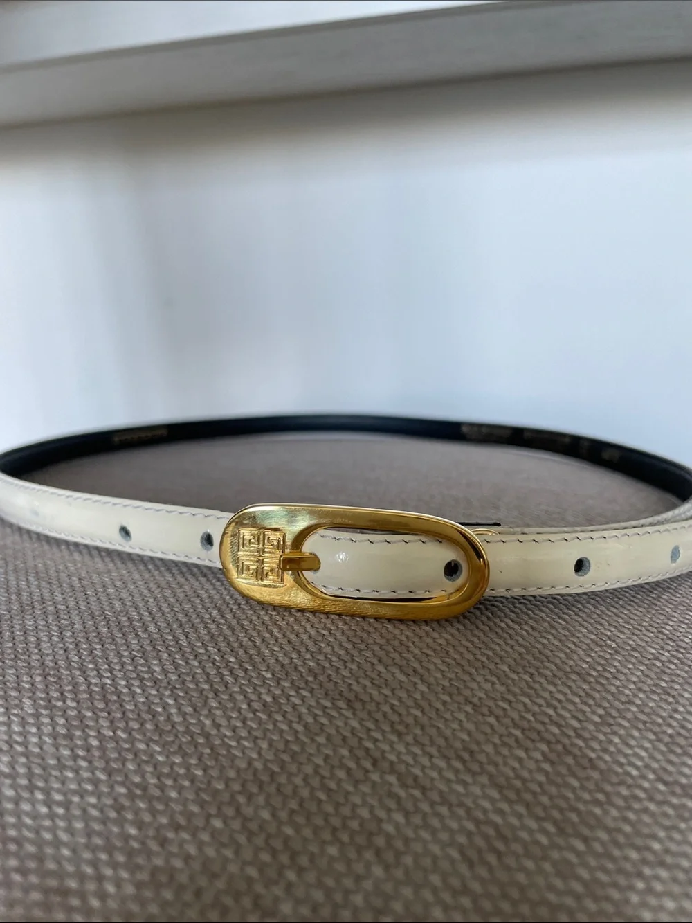 Givenchy Vintage Cream Patent Leather Slim Belt with Gold Buckle